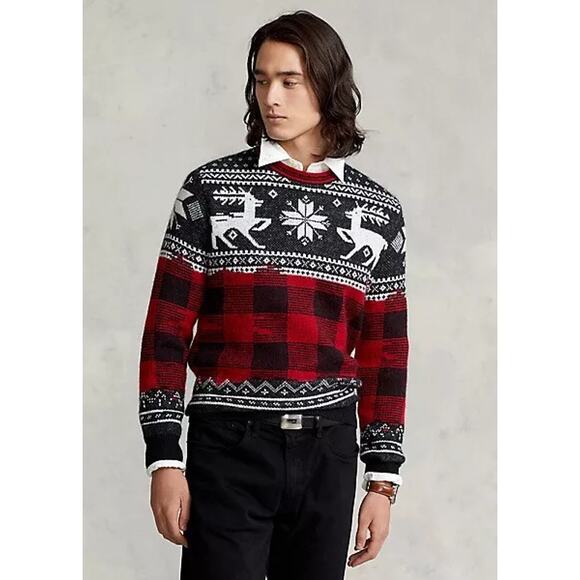 NWT Ralph Lauren Holiday Heritage Buffalo Plaid Reindeer Sweater Alpaca Wool - Picture 1 of 14